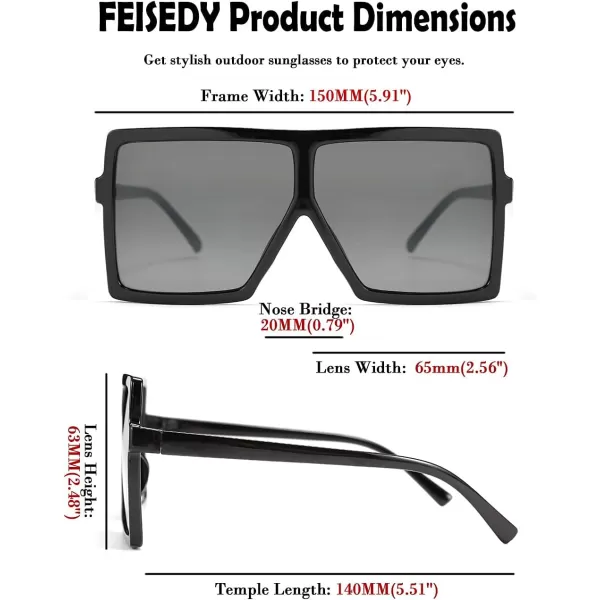 FEISEDY Women Square Oversized Sunglasses Flat Top Fashion Big Stylish Large Frame UV400 B253902 Black