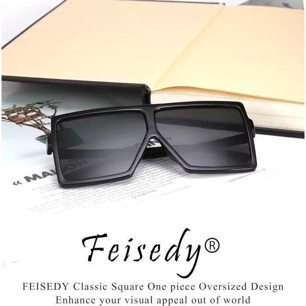 FEISEDY Women Square Oversized Sunglasses Flat Top Fashion Big Stylish Large Frame UV400 B253902 Black