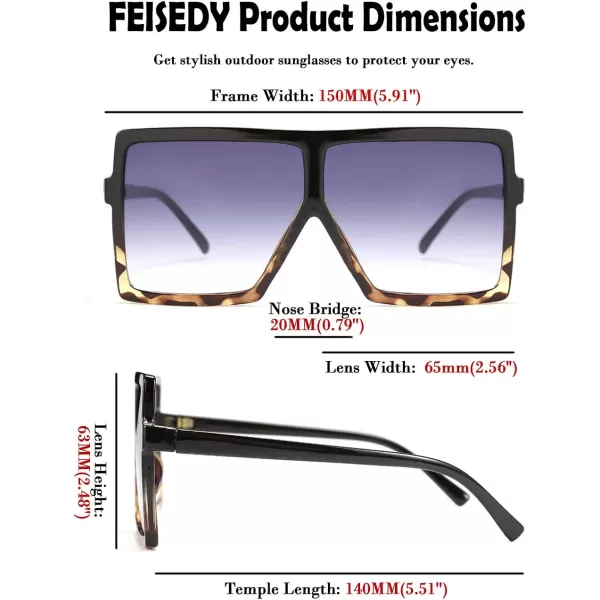FEISEDY Women Square Oversized Sunglasses Flat Top Fashion Big Stylish Large Frame UV400 B253903 Leopardblack