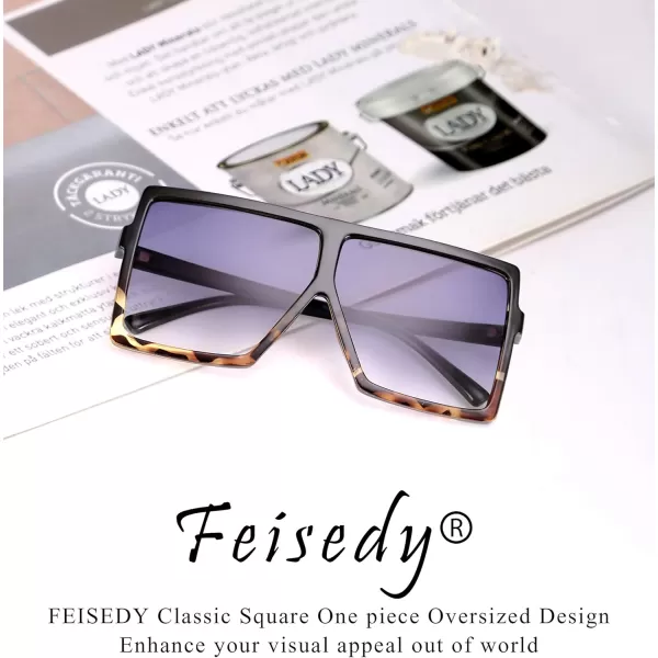 FEISEDY Women Square Oversized Sunglasses Flat Top Fashion Big Stylish Large Frame UV400 B253903 Leopardblack