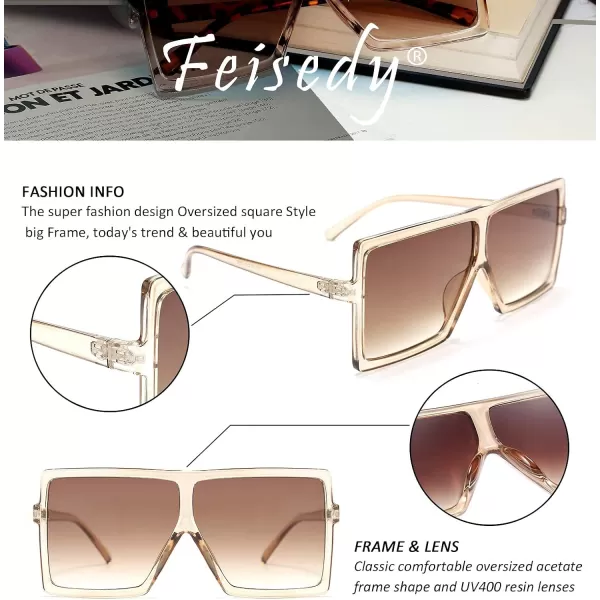 FEISEDY Women Square Oversized Sunglasses Flat Top Fashion Big Stylish Large Frame UV400 B253904 Champagne