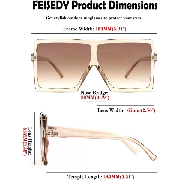 FEISEDY Women Square Oversized Sunglasses Flat Top Fashion Big Stylish Large Frame UV400 B253904 Champagne