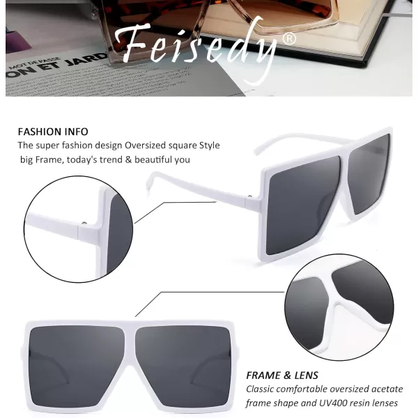 FEISEDY Women Square Oversized Sunglasses Flat Top Fashion Big Stylish Large Frame UV400 B253906 White