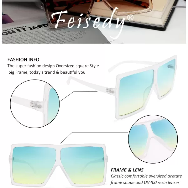 FEISEDY Women Square Oversized Sunglasses Flat Top Fashion Big Stylish Large Frame UV400 B253907 Green Ocean