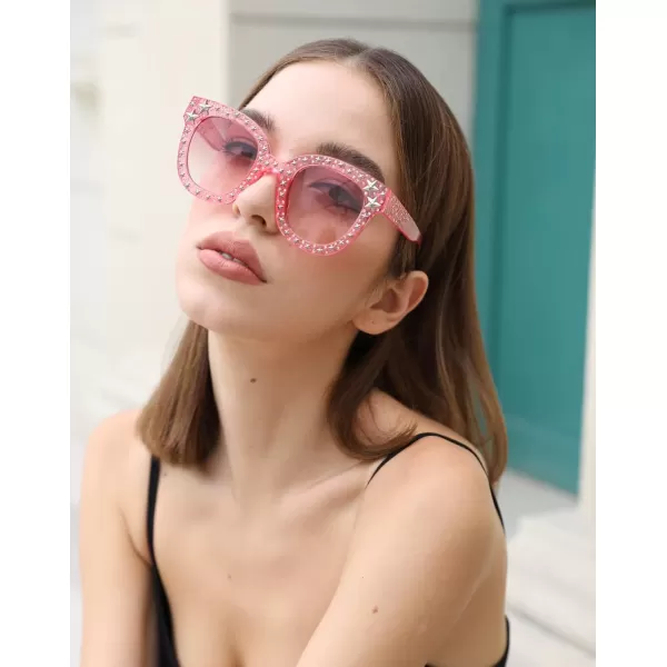 FEISEDY Women Vintage Cateye Crystal Rhinestone Star Sunglasses Novelty Glitter Shades B4068Pink FrameGradual Pink Lens