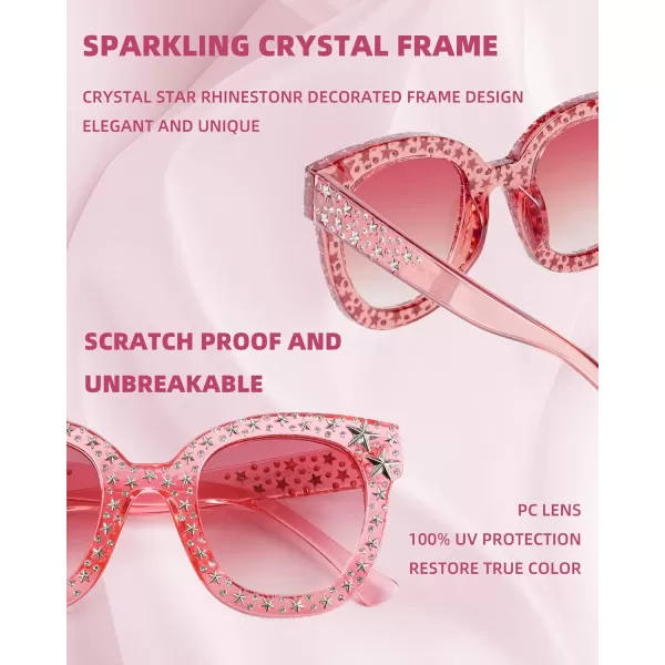 FEISEDY Women Vintage Cateye Crystal Rhinestone Star Sunglasses Novelty Glitter Shades B4068Pink FrameGradual Pink Lens