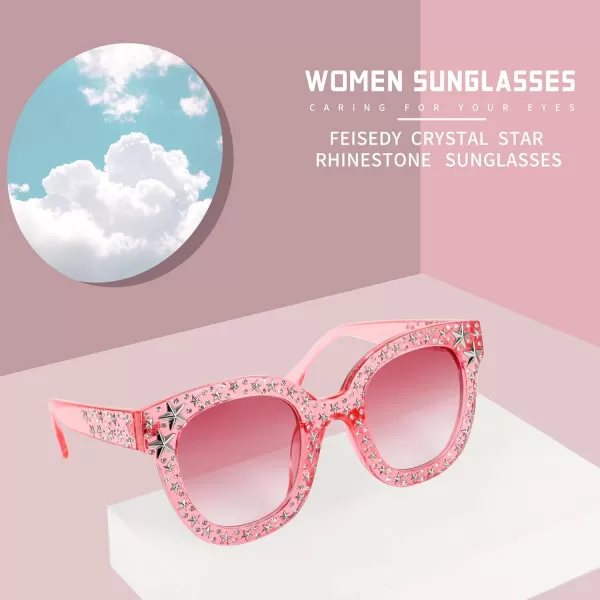 FEISEDY Women Vintage Cateye Crystal Rhinestone Star Sunglasses Novelty Glitter Shades B4068Pink FrameGradual Pink Lens
