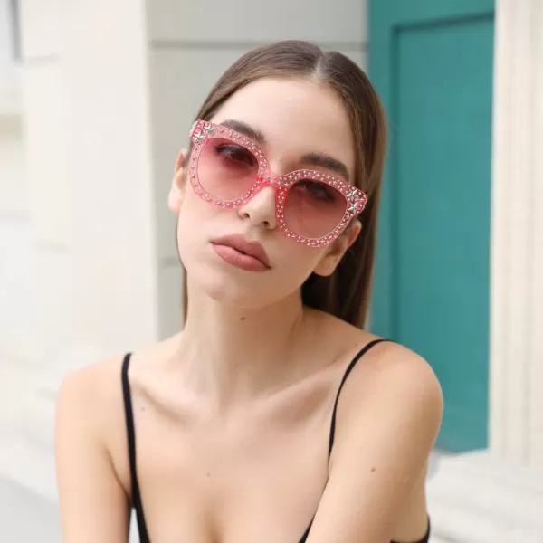 FEISEDY Women Vintage Cateye Crystal Rhinestone Star Sunglasses Novelty Glitter Shades B4068Pink FrameGradual Pink Lens