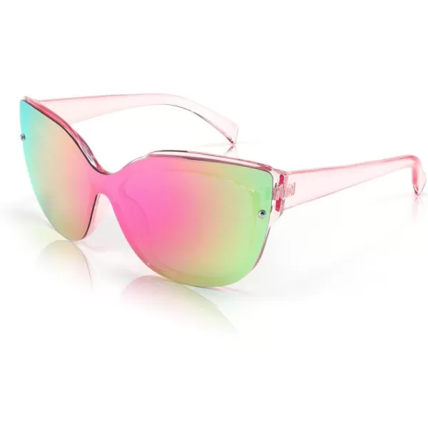 FEISEDY Cat Eye Sunglasses Polarized for Women MenRimless Mirrored Sunglasses Oversized Trendy Retro Sun Glasses B2796002 Transparent Pink Frame Pink Mirror Lens