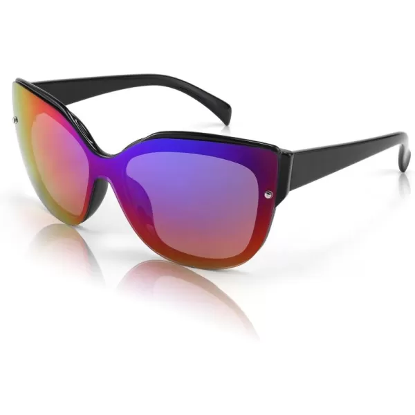 FEISEDY Cat Eye Sunglasses Polarized for Women MenRimless Mirrored Sunglasses Oversized Trendy Retro Sun Glasses B2796004 Bright Black FramePurple Mirror Lens