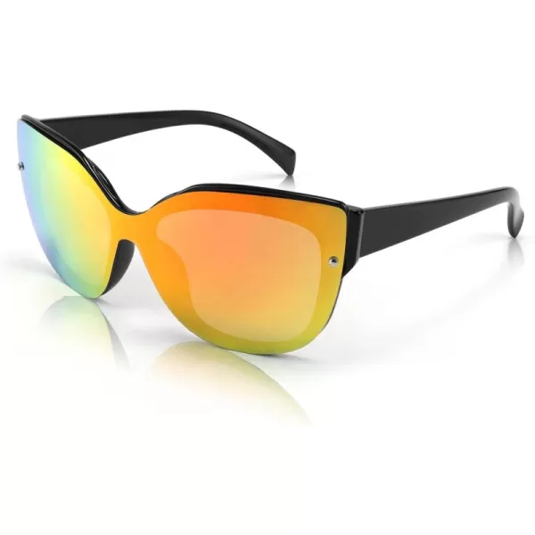 FEISEDY Cat Eye Sunglasses Polarized for Women MenRimless Mirrored Sunglasses Oversized Trendy Retro Sun Glasses B2796005 Bright Black FrameRed Mirror Lens
