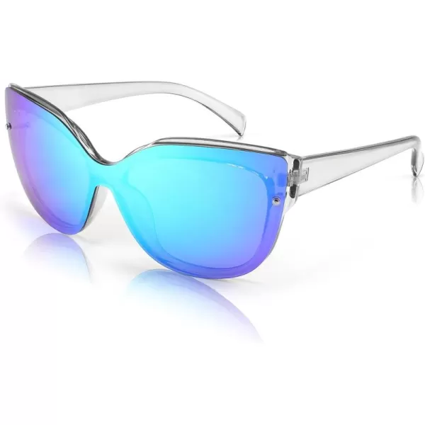 FEISEDY Cat Eye Sunglasses Polarized for Women MenRimless Mirrored Sunglasses Oversized Trendy Retro Sun Glasses B2796006 Transparent Grey FrameBlue Mirror Lens