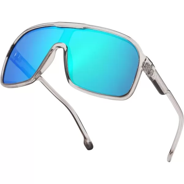 FEISEDY Fashion Polarized Sunglasses Oversized One Piece Reflective Lens Sports Sun Glasses B0122Transparent GreyGreen Mirror