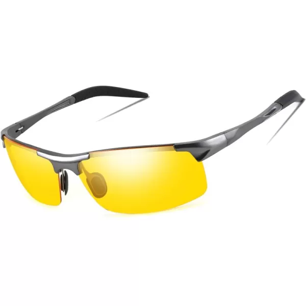 FEISEDY Mens Sports Polarized Sunglasses UV Protection Sunglasses for Men Cycling Driving B2442Night Vision Yellow Lens Grey Frame