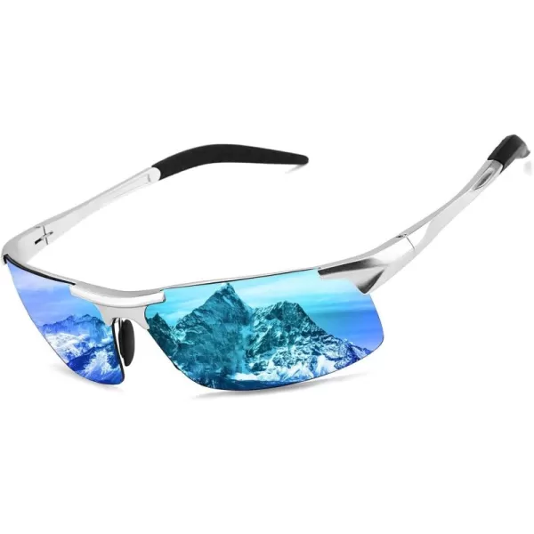 FEISEDY Mens Sports Polarized Sunglasses UV Protection Sunglasses for Men Cycling Driving B2442Polarized Blue Mirror Silver Frame