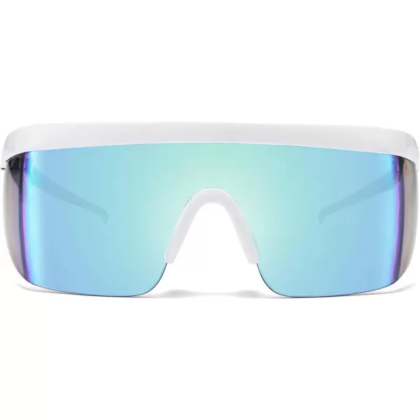 FEISEDY Oversized Mirror Shield Sport 80s Sunglasses Ski Goggles Flat Top One Piece Futuristic Visor Women Men B2522001 White Frame Blue Mirrored Lens