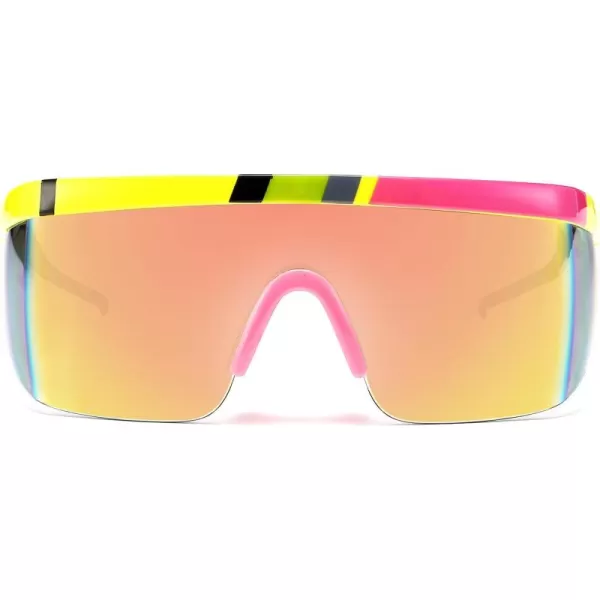 FEISEDY Oversized Mirror Shield Sport 80s Sunglasses Ski Goggles Flat Top One Piece Futuristic Visor Women Men B2522002 Yellow Frame Yellow Mirrored Lens