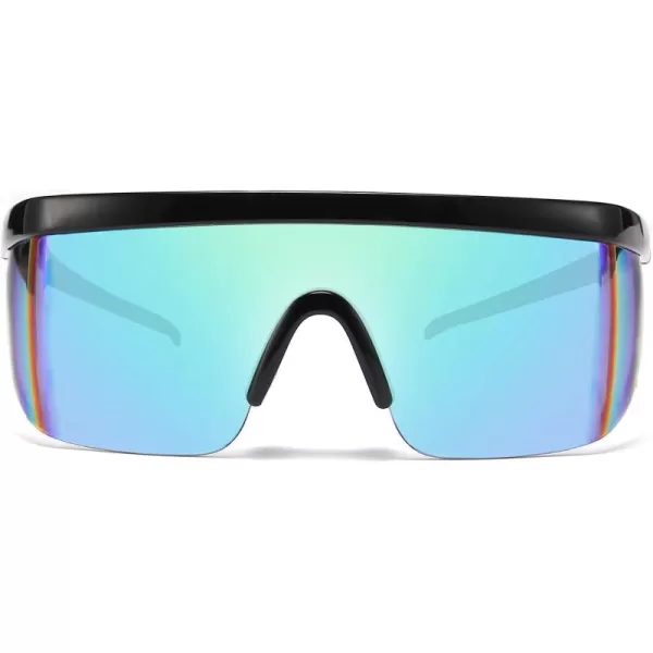 FEISEDY Oversized Mirror Shield Sport 80s Sunglasses Ski Goggles Flat Top One Piece Futuristic Visor Women Men B2522005 Bright Black Frame Green Mirrored Lens
