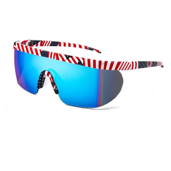 FEISEDY Oversized Mirror Shield Sport 80s Sunglasses Ski Goggles Flat Top One Piece Futuristic Visor Women Men B2522007 Us Flag Frame and Blue Lenses