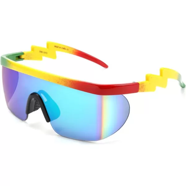 FEISEDY Oversized Mirror Shield Sport 80s Sunglasses Ski Goggles Flat Top One Piece Futuristic Visor Women Men B2522C01 Rainbow