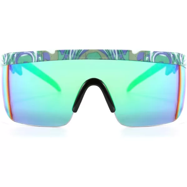 FEISEDY Oversized Mirror Shield Sport 80s Sunglasses Ski Goggles Flat Top One Piece Futuristic Visor Women Men B2522C05 Green Marble