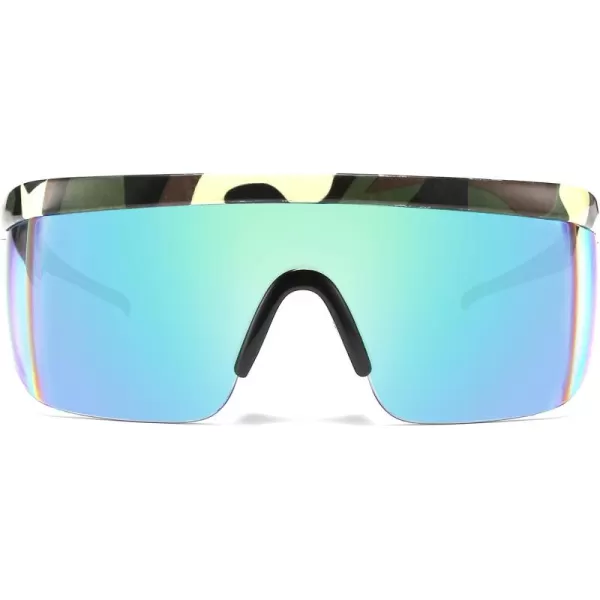 FEISEDY Oversized Mirror Shield Sport 80s Sunglasses Ski Goggles Flat Top One Piece Futuristic Visor Women Men B2522Camouflage Frame Green Mirrored Lens