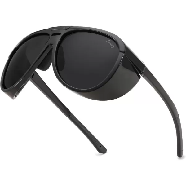 FEISEDY Polarized Aviator Sunglasses Men Women Oversized Round Steampunk Sunglasses Side Shield Goggles B0095Black Frame  Grey Lens