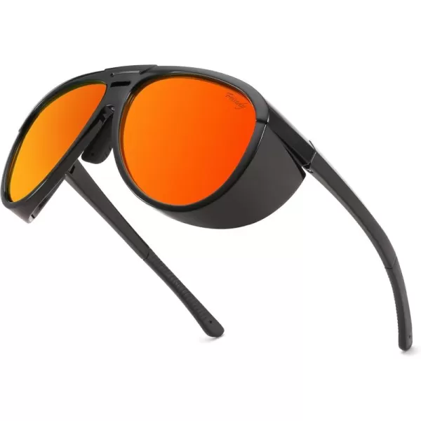 FEISEDY Polarized Aviator Sunglasses Men Women Oversized Round Steampunk Sunglasses Side Shield Goggles B0095Black Frame  Red Mirror Lens
