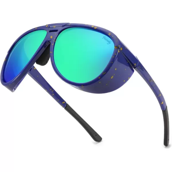 FEISEDY Polarized Aviator Sunglasses Men Women Oversized Round Steampunk Sunglasses Side Shield Goggles B0095Blue Frame  Green Mirror Lens