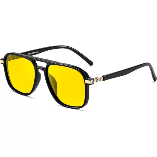 FEISEDY Retro Polarized Aviator Sunglasses Womens Men 70s Vintage Square Aviators Shades B9134Black FrameBright Yellow Lens