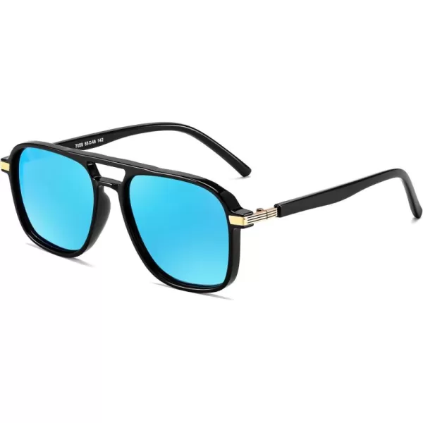 FEISEDY Retro Polarized Aviator Sunglasses Womens Men 70s Vintage Square Aviators Shades B9134Black FrameMirror Blue Lens