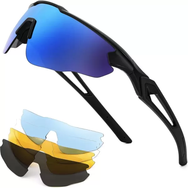 FEISEDY Sports Sunglasses with 5 Lenses for Men Women TR90 Lightweight Baseball Cycling Motorcycle Running Golf B2940Black Frame  Blue Mirror Lens