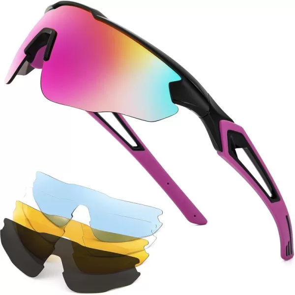 FEISEDY Sports Sunglasses with 5 Lenses for Men Women TR90 Lightweight Baseball Cycling Motorcycle Running Golf B2940Black Frame  Purple Mirror Lens