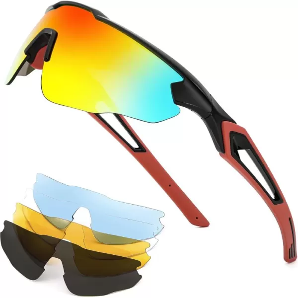 FEISEDY Sports Sunglasses with 5 Lenses for Men Women TR90 Lightweight Baseball Cycling Motorcycle Running Golf B2940Black Frame  Red Mirror Lens