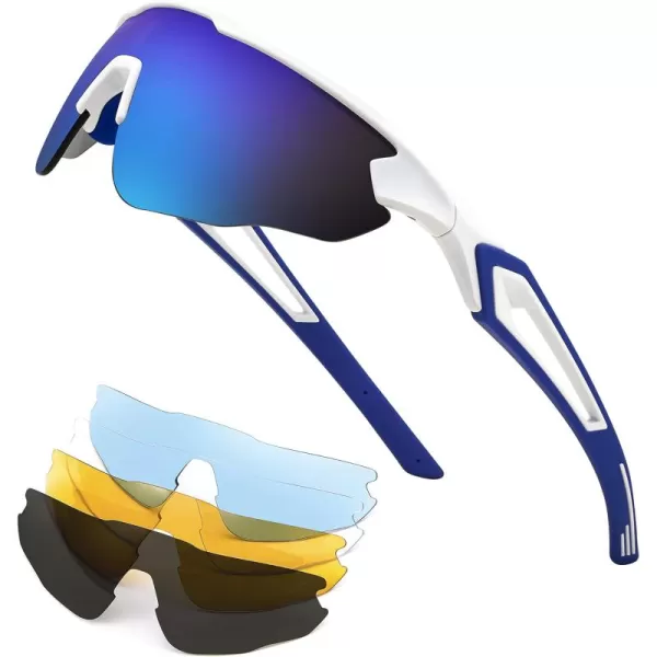 FEISEDY Sports Sunglasses with 5 Lenses for Men Women TR90 Lightweight Baseball Cycling Motorcycle Running Golf B2940White Frame  Blue Mirror Lens