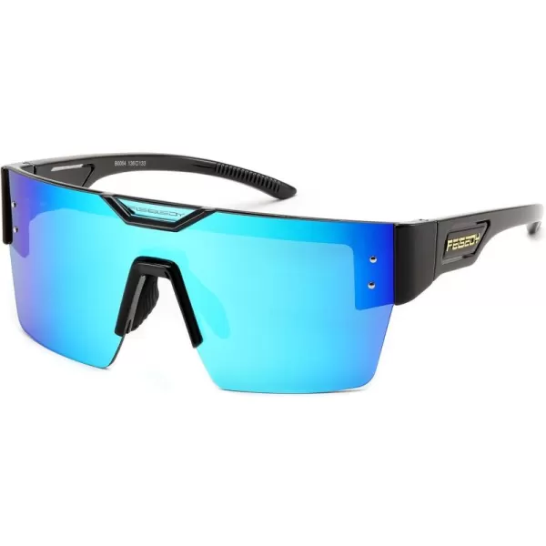 FEISEDY Sunglasses Men Women Big Oversized Square FrameUV400 Mirrored Sun Glasses Cycling Driving Fishing Hiking B0064Black Frame Blue Mirror Lenses