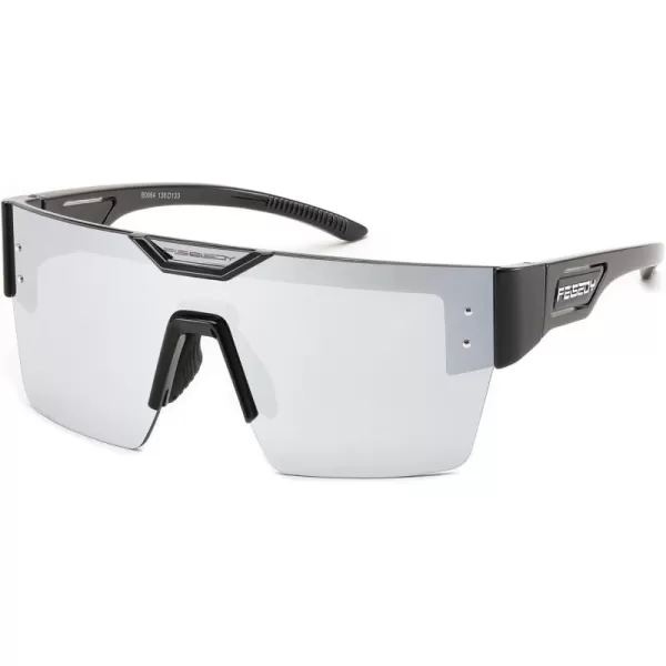 FEISEDY Sunglasses Men Women Big Oversized Square FrameUV400 Mirrored Sun Glasses Cycling Driving Fishing Hiking B0064Black Frame With Silver Mirrored Lenses