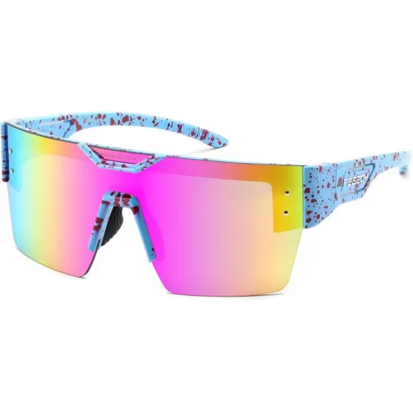 FEISEDY Sunglasses Men Women Big Oversized Square FrameUV400 Mirrored Sun Glasses Cycling Driving Fishing Hiking B0064Sprayed Rose Dot Blue Frame Purple Pink Mirror Lenses