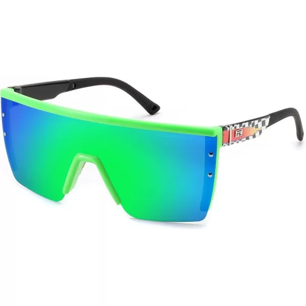 FEISEDY Sunglasses Mens Polarized Women Oversized Flat Top Square Cycling Fishing Golf Hiking Vintage Sun Glasses B2367Polarized Green Mirrored Lenses Checkered Flag With Flames Frame 004