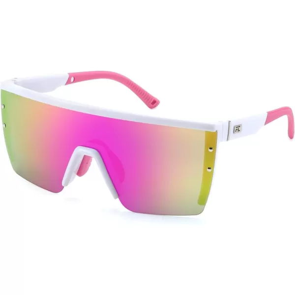 FEISEDY Sunglasses Mens Polarized Women Oversized Flat Top Square Cycling Fishing Golf Hiking Vintage Sun Glasses B2367Polarized Pink Mirrored Lenses With White Frame 006