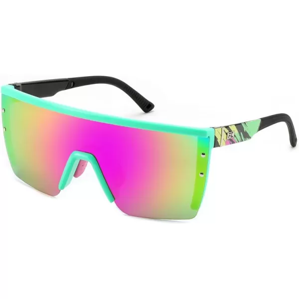 FEISEDY Sunglasses Mens Polarized Women Oversized Flat Top Square Cycling Fishing Golf Hiking Vintage Sun Glasses B2367Polarized Red and Green Mirrored Lenses With Green Frame 005