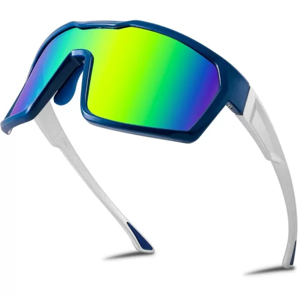 FEISEDY Sunglasses Sports Mens Women Baseball Cycling Mirrored Goggles Hiking Running UV400 Protection B0034Dark Blue Frame  Green Blue Mirror Lenses