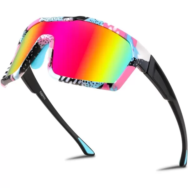 FEISEDY Sunglasses Sports Mens Women Baseball Cycling Mirrored Goggles Hiking Running UV400 Protection B0034Pink Frame  Pink Mirror Lenses