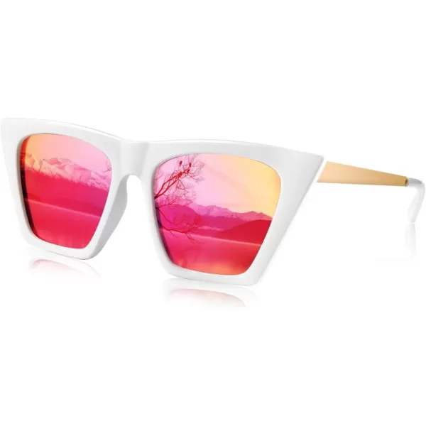 FEISEDY Vintage Polarized Square Cat Eye Sunglasses Women Trendy Fashion Cateye Polarized Sunglasses B2692White FrameRed Mirrored Lenses