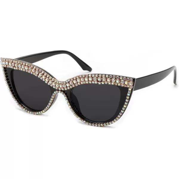 FEISEDY Women Oversized Diamond Sunglasses Fashion Cat Eye Rhinestone Sunglasses Jeweled Frame Costume Party B2360Black Colored Diamond