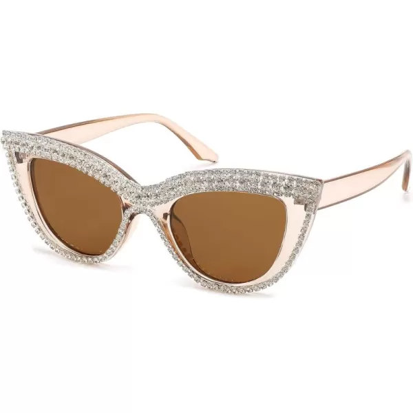 FEISEDY Women Oversized Diamond Sunglasses Fashion Cat Eye Rhinestone Sunglasses Jeweled Frame Costume Party B2360Champagne Stripe Diamond