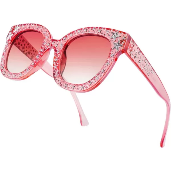 FEISEDY Women Vintage Cateye Crystal Rhinestone Star Sunglasses Novelty Glitter Shades B4068Pink FrameGradual Pink Lens