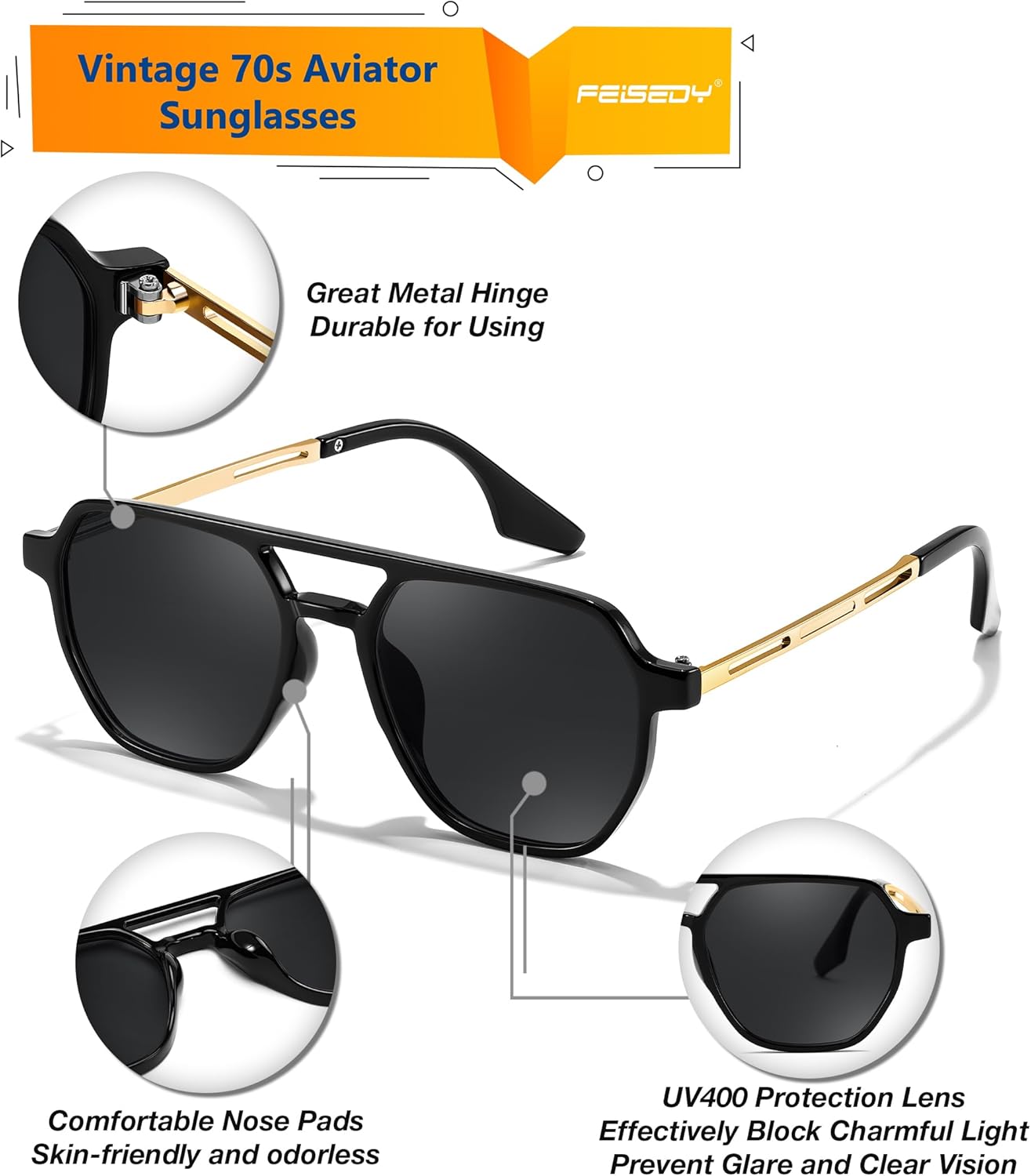 FEISEDY Retro 70s Aviator Sunglasses for Women Men Vintage Square Trendy Oversized Shades UV400 B0145Black