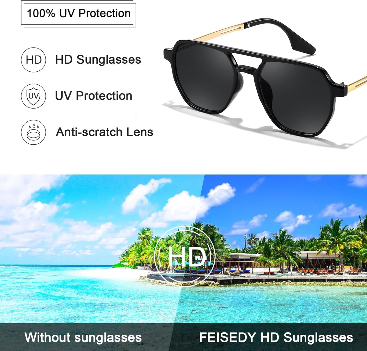 FEISEDY Retro 70s Aviator Sunglasses for Women Men Vintage Square Trendy Oversized Shades UV400 B0145Black
