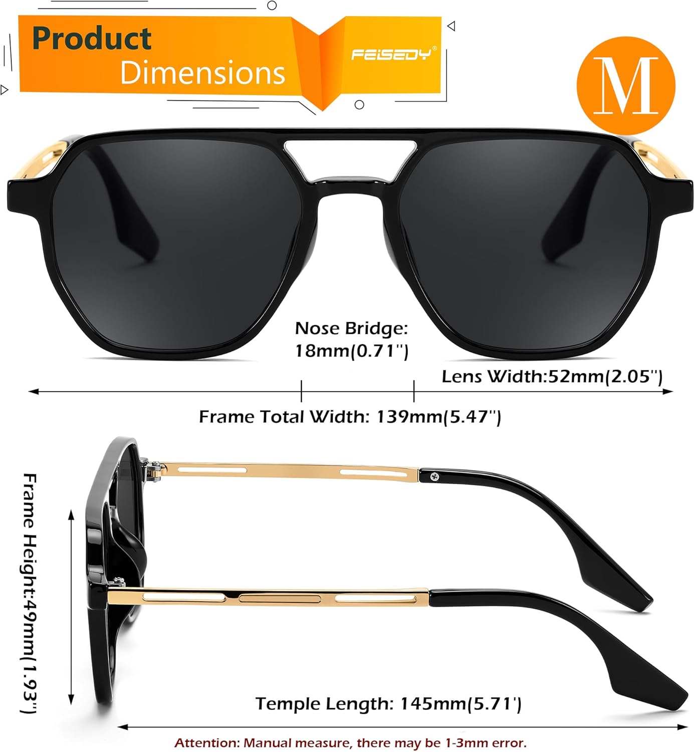 FEISEDY Retro 70s Aviator Sunglasses for Women Men Vintage Square Trendy Oversized Shades UV400 B0145Black